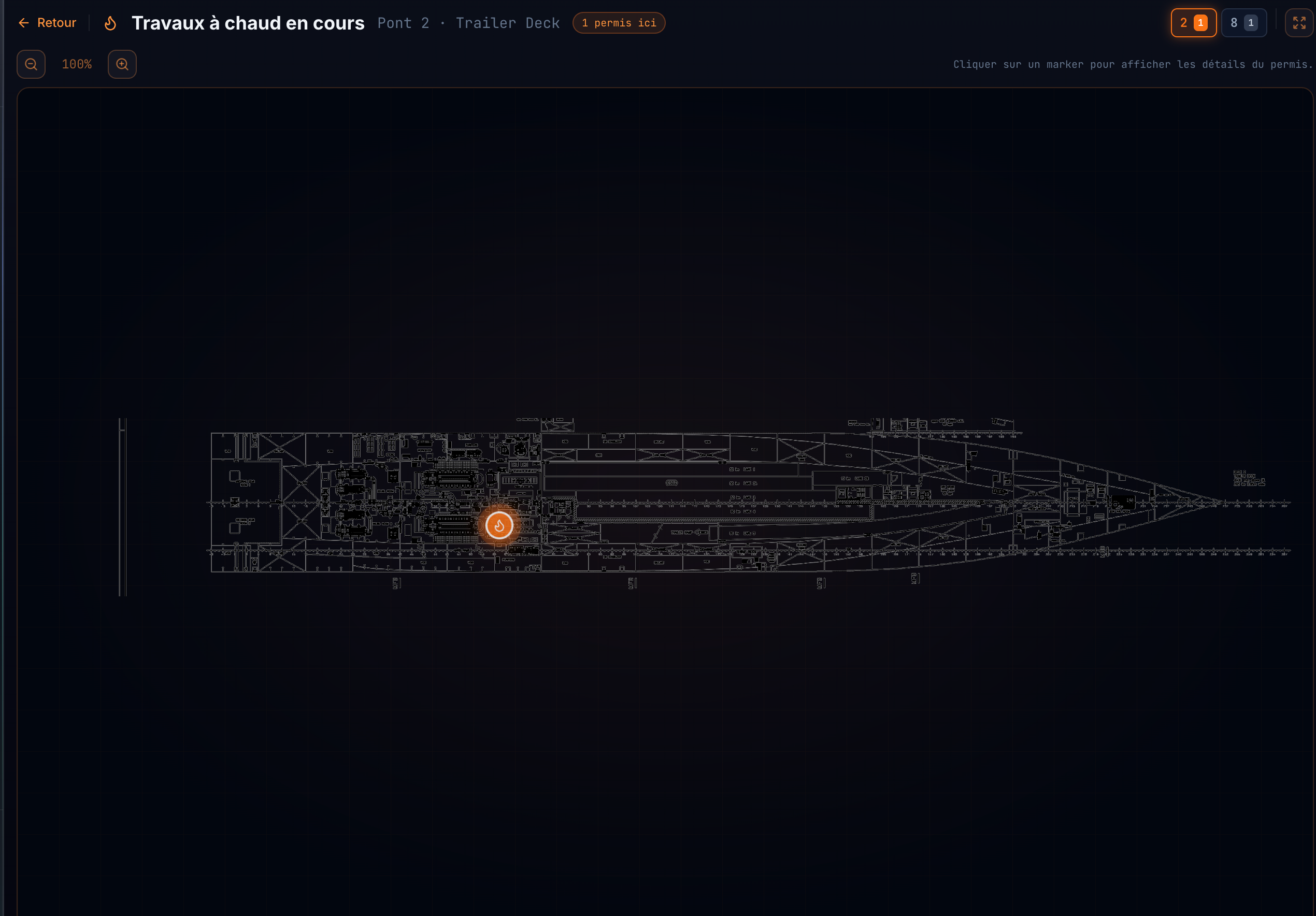 Deck 2 · Trailer Deck plan — hot-work marker