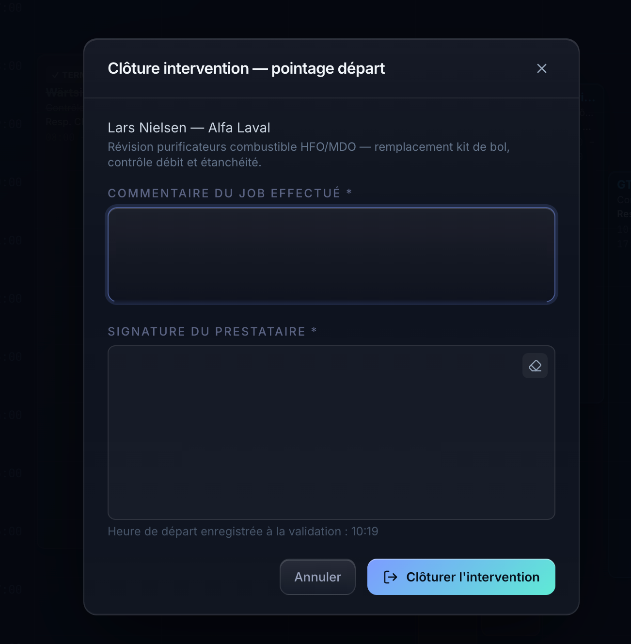 Clôture intervention — pointage départ