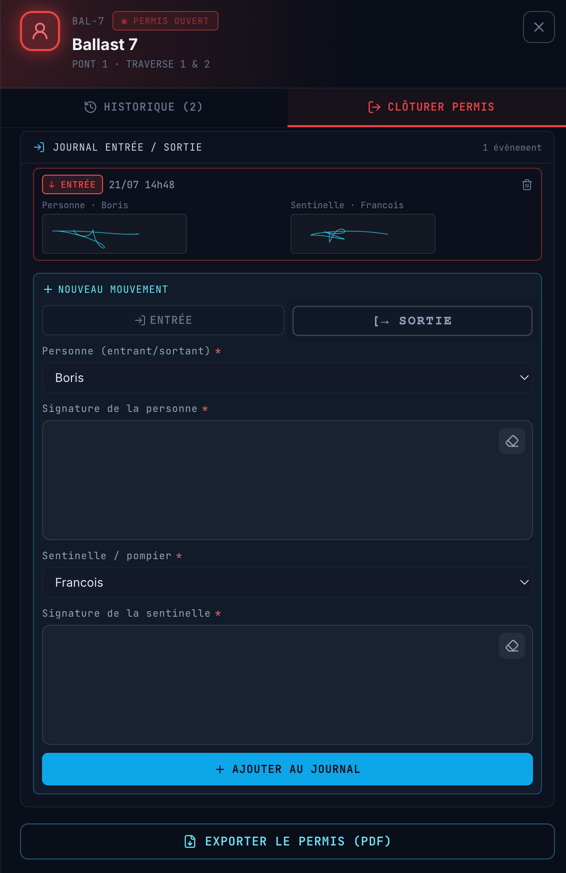 Journal entrée / sortie — nouvelle sortie