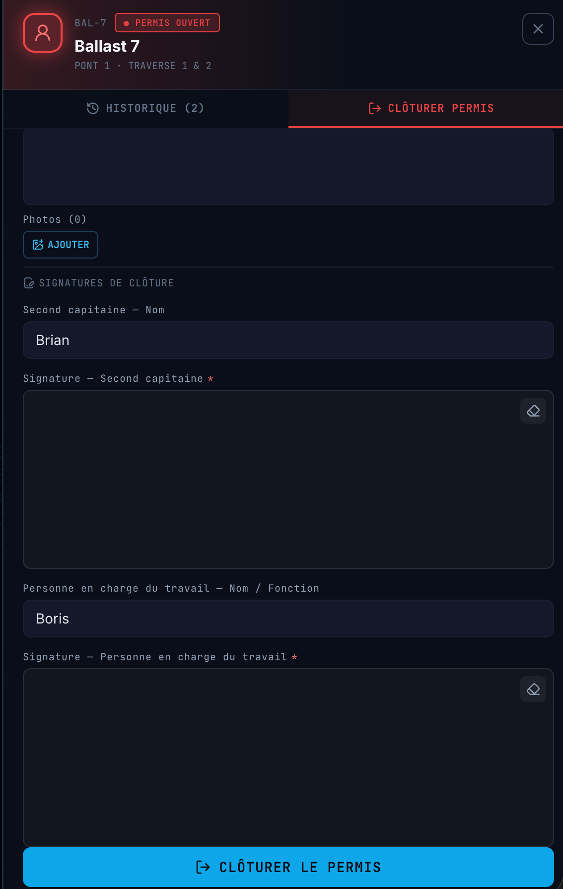 Clôture du permis — signatures