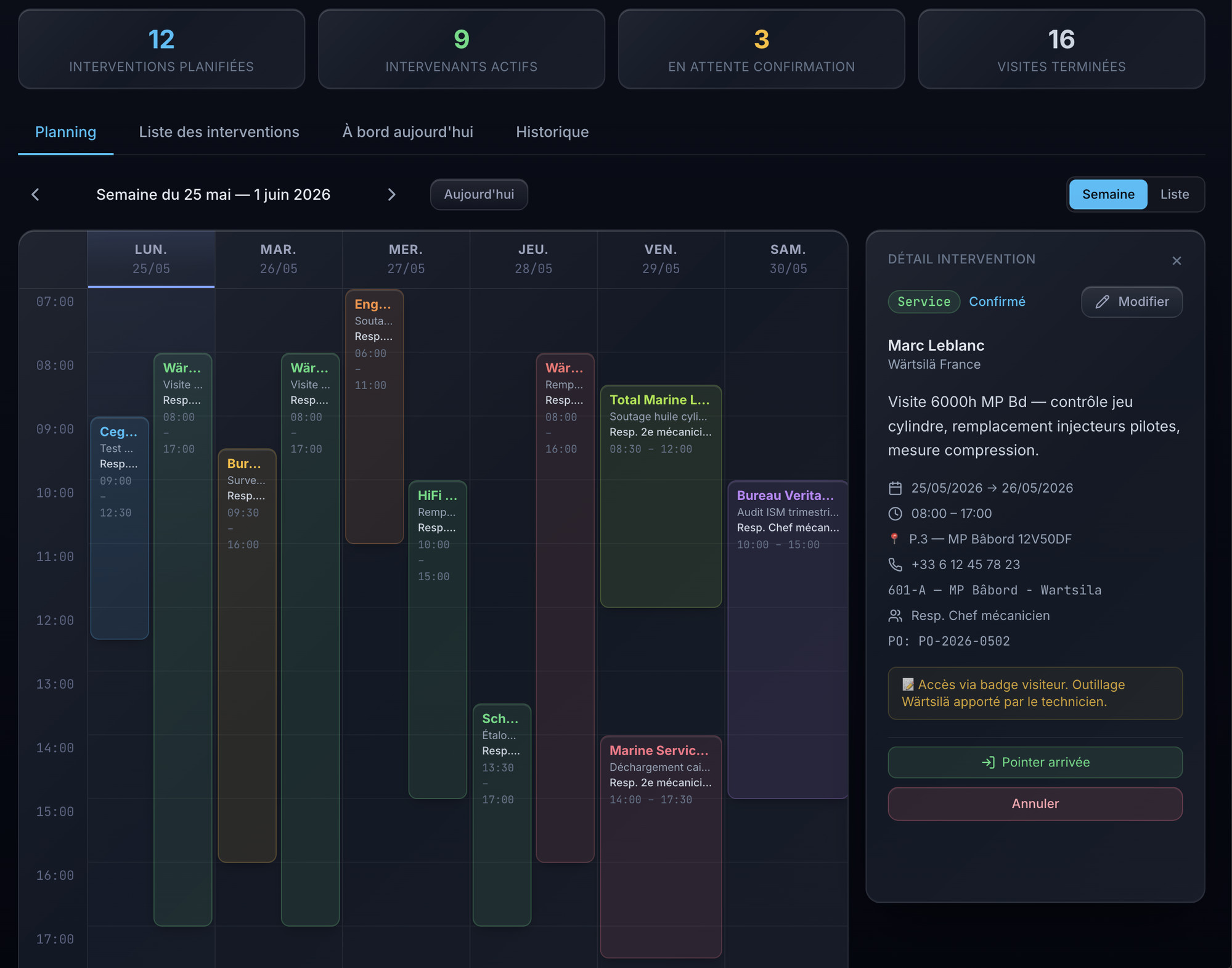Capture du module Planning des intervenants
